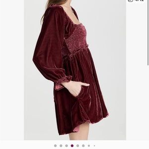 EUC Free People Daphne Crushed Velvet Mini DressRich Burgundy 3/4 sleeve Dress